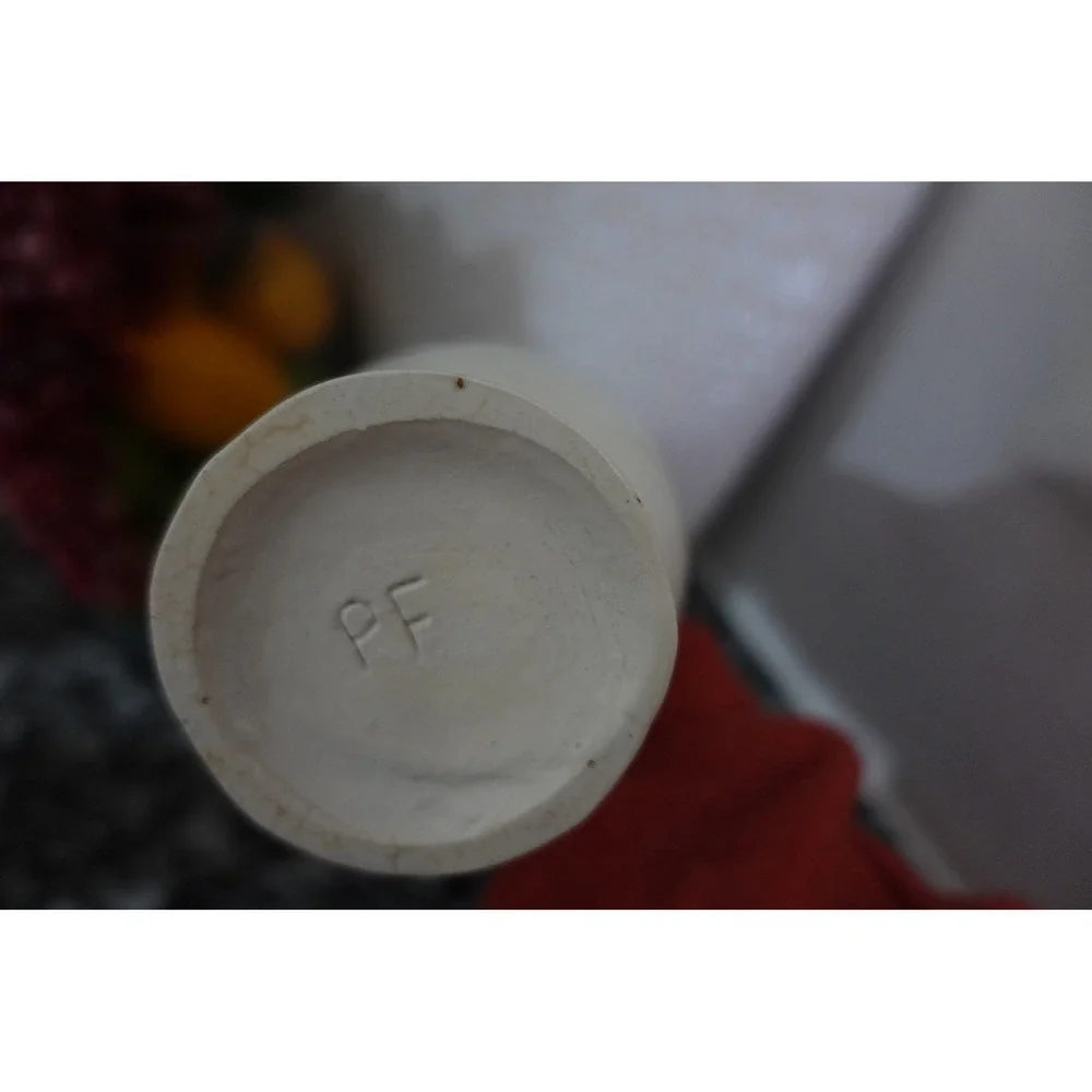 Vintage PF‎ White Ceramic Ewer Bud Vase Purple Applied Flower 8 Inch Pitcher